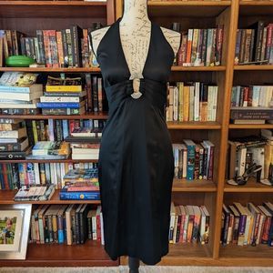 Cache black satin deep v halter dress with rhinestone accent at bust nwt 6